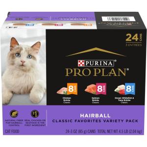 imagePurina Pro Plan Hairball Control Cat Food Wet Cat Food Variety Pack Hairball Control Entrees  Pack of 24 3 oz Cans