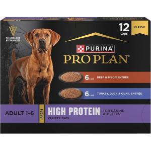 imagePurina Pro Plan Sport High Protein Wet Dog Food Beef and Bison Entre and Turkey Duck and Quail Entre Variety Pack  Pack of 12 13 oz Cans13 Ounce Pack of 12