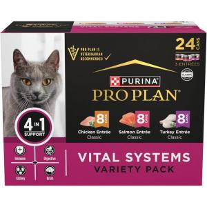 imagePurina Pro Plan Vital Systems Chicken Turkey and Salmon Entree Wet Cat Food Variety Pack 4in1 Immune Digestive Kidney and Brain  Pack of 24 3 oz Cans