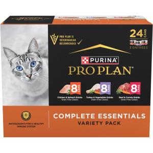 imagePurina Pro Plan Complete Essentials Chicken Turkey and Beef Grain Free Wet Cat Food Variety Pack  24 3 oz Cans