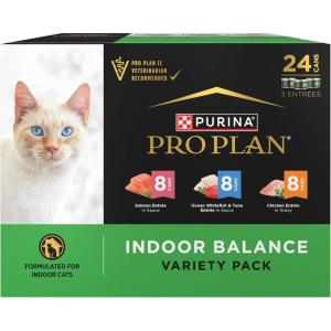 imagePurina Pro Plan Indoor Balance Chicken Salmon and Ocean Whitefish and Tuna Cat Food Wet Entrees Variety Pack  24 ct Can